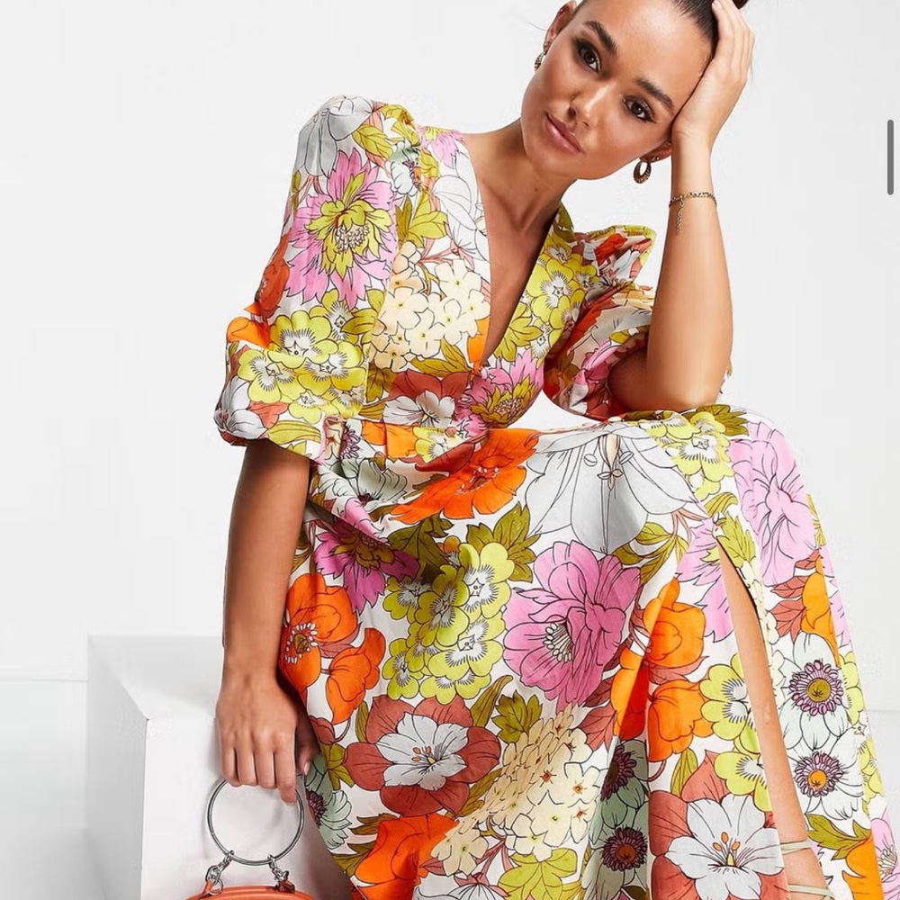 ASOS Orange Yellow Wrap Midi Dress with Puff Sleeves